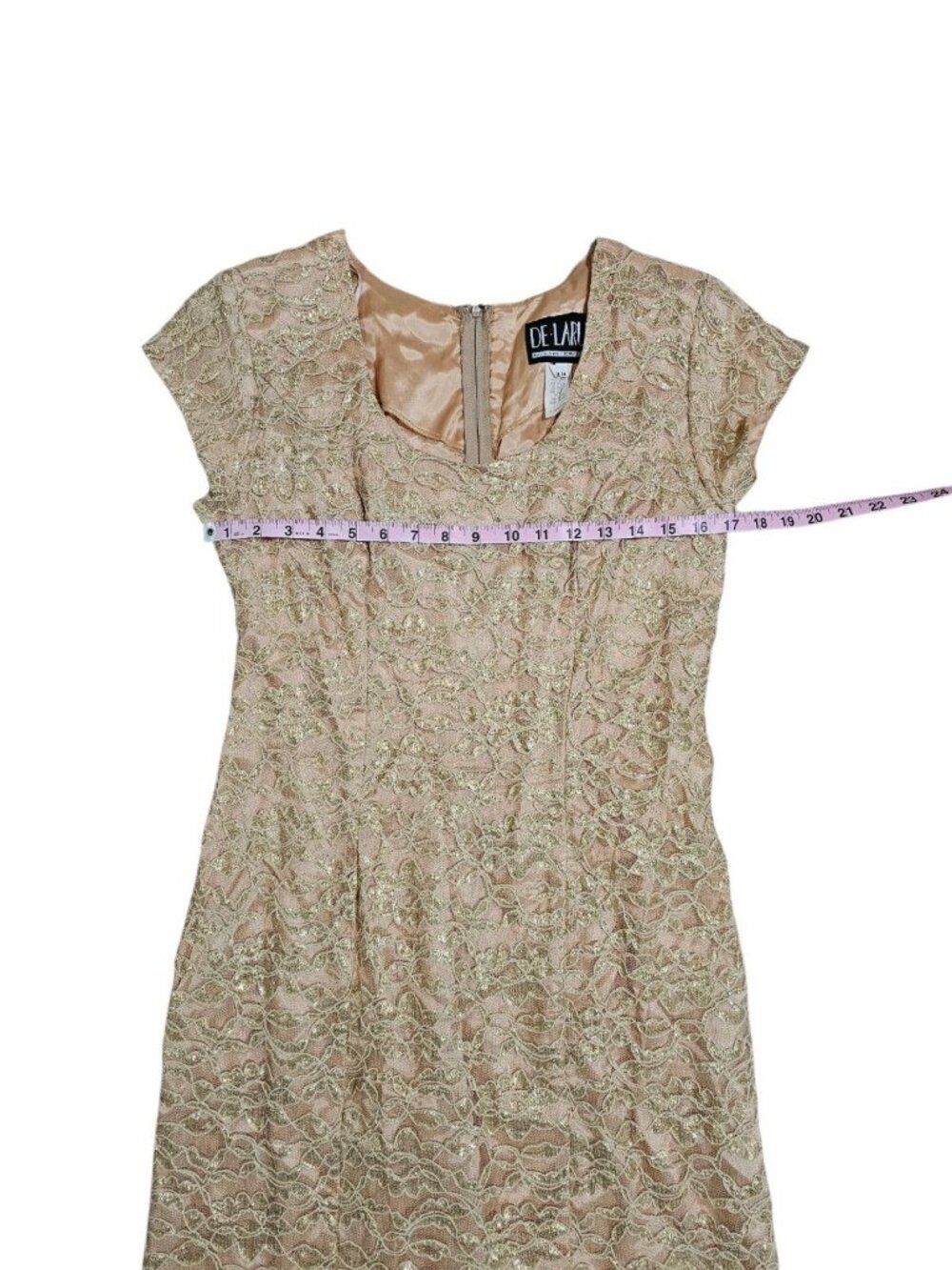 De-Laru Women 14 Dress Gold Lace Metallic Sheath Statement Rare Archival Regency - Picture 5 of 6